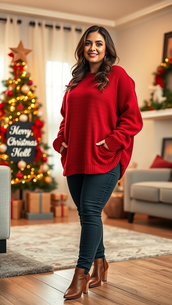 Plus-size model in a red sweater and jeans in a decorated Christmas setting.